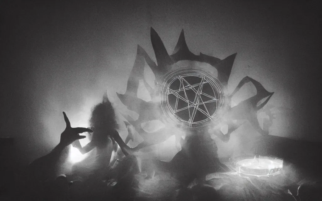 Image similar to transparent horror demon spirit attacks in living room with summoning circle pentacle out interior photos shot on iphone, dynamic pose, full body shot, sharp focus, grainy, corpse, paranormal flashlight, deep night,,