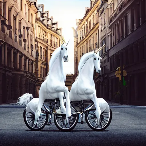 Prompt: two white unicorns riding bikes in city street, photoreal