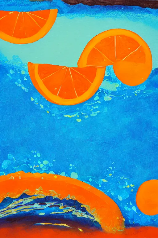 Image similar to a Acrylic painting of summer ,water,wave , orange and orange slices,blue theme and Yellow accents,Colour composition