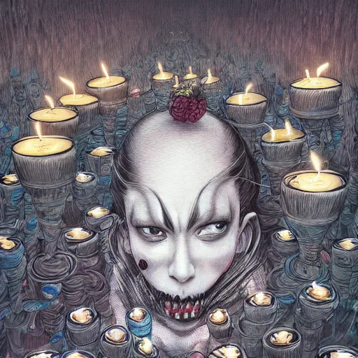 Image similar to epic view of a giant birthday cake with lit candles by junji ito and james jean and esao andrews, cake, candles, 4 k, hyperdetailed, hyperrealistic, trending on artstation, pencil art on paper, horror, dramatic lighting