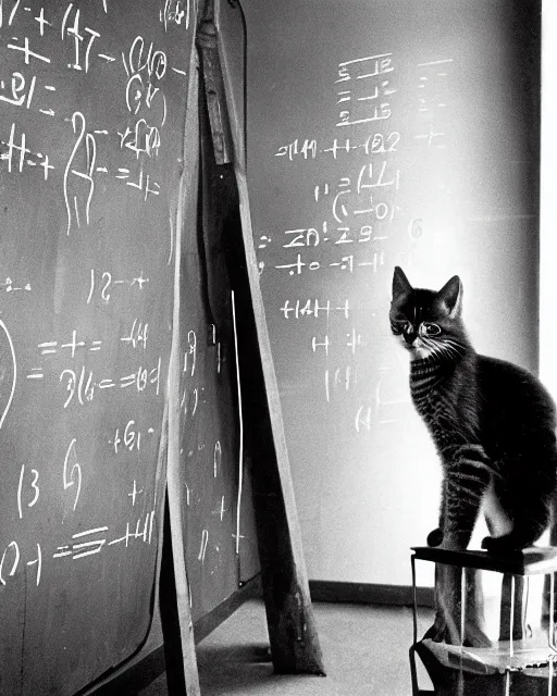 Image similar to a tall kitten standing in from of a blackboard writing math formulae, realistic photo, 1970s