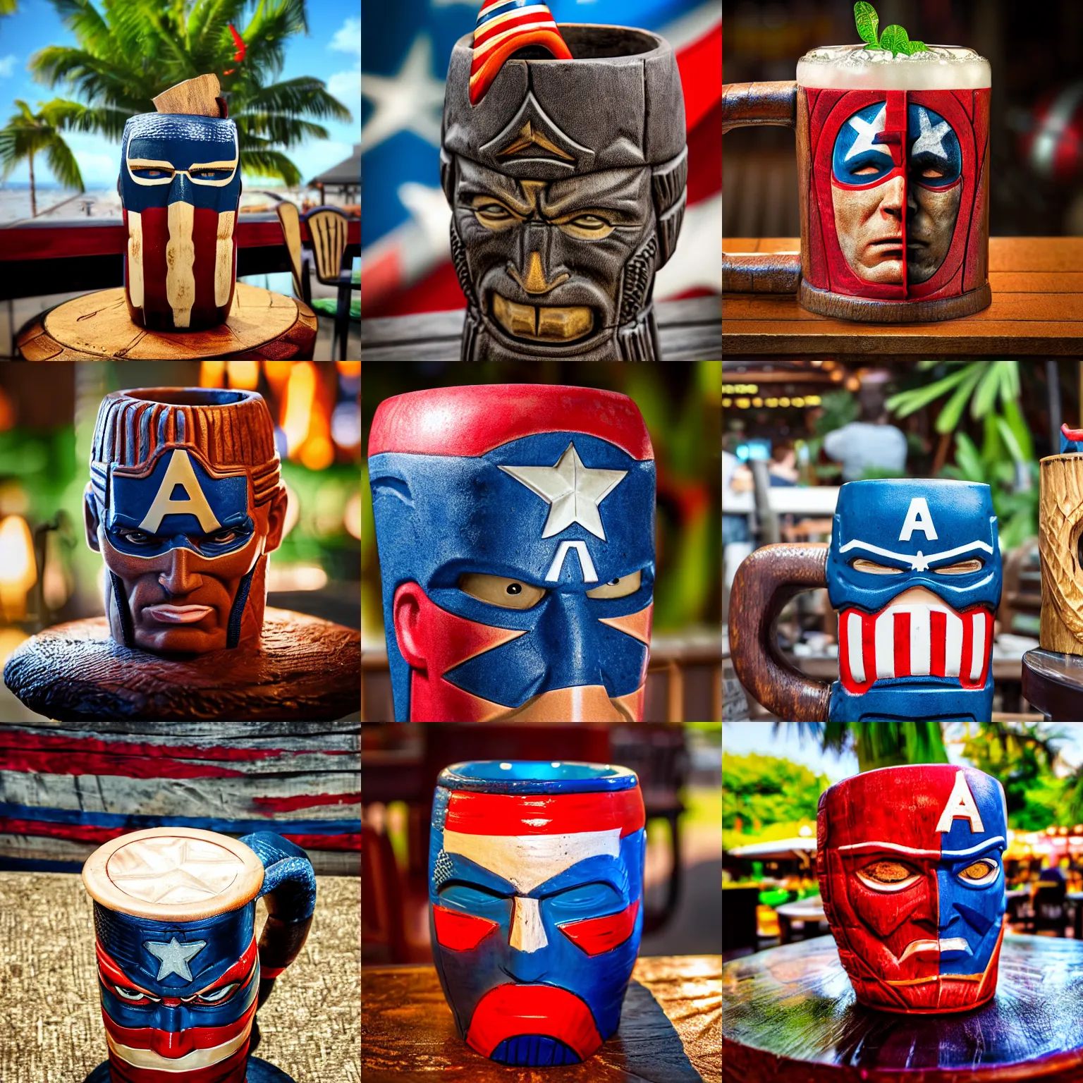 Prompt: a closeup photorealistic photograph of a captain america style tiki mug sitting at an outdoor trader vic's bar featuring captain america's face. tiki theme. bright scene. fine detail. this 4 k hd image is trending on artstation, featured on behance, well - rendered, extra crisp, features intricate detail, epic composition and the style of unreal engine.