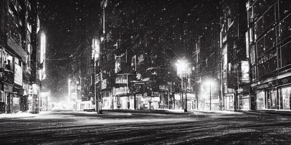 Prompt: a city street at night, snowing, photograph, cyberpunk, sharp focus, intricate detail, Desolate, drone shot, high resolution, 8k neon streetlights