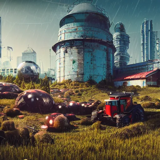 Image similar to fully detailed landscape of a cyberpunk farm , watertank, futuristic tractors, farmhouse, mushroom, overgrowth, Ai , in the future, high quality, 8k , octane render, trending on artstation , greg rutowski