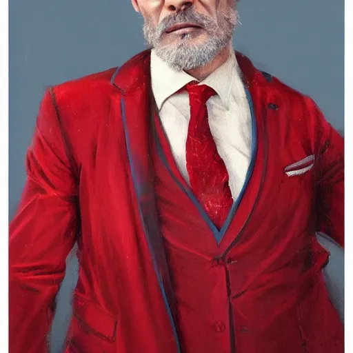 Prompt: A painting of a 40 year old man with sharp facial features and a light stubble, grey hair, blue eyes, beautiful and detailed, he is wearing a crimson red velvet suit, oil painting, by Greg Rutkowski, trending on artstation