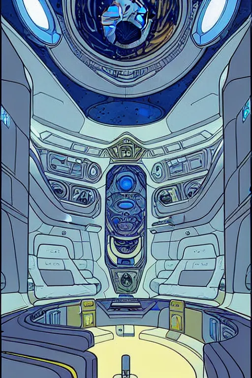 Prompt: a space ship interior det design in a world inspired by jean giraud moebius and geoff darrow