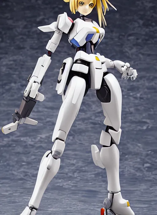 Image similar to toy design,Girl in mecha cyber Armor, portrait of the action figure of a girl, with bare legs， holding a weapon，gundam style， anime figma figure, studio photo, 70mm lens,