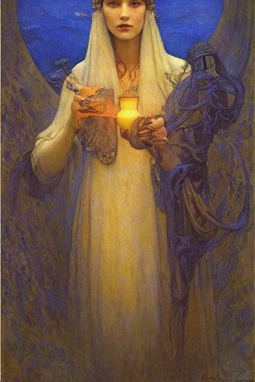 Prompt: queen of the fog with her lantern by Annie Swynnerton and Nicholas Roerich and jean delville, strong dramatic cinematic lighting , ornate headdress , lost civilizations, smooth, sharp focus, extremely detailed