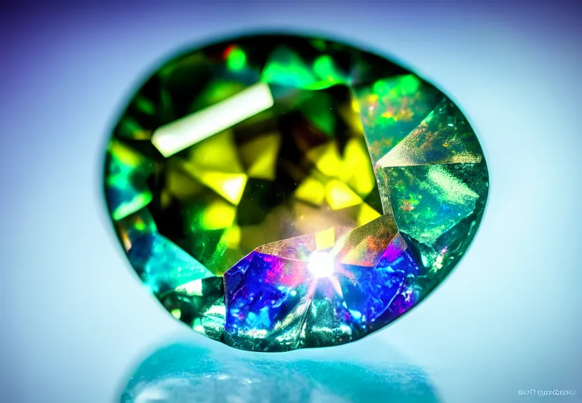 Image similar to iridescent gemstone, refraction, shining, opal, diamond, sapphire, topaz, nature, photo, blur, macro lens, lens flare