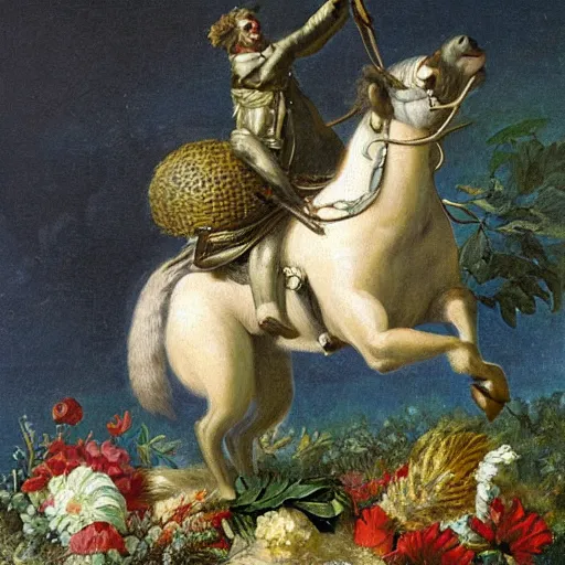 Image similar to a giant squirrel carrying napoleon bonaparte on its back, beach scene with flowers and foliage, detailed oil painting