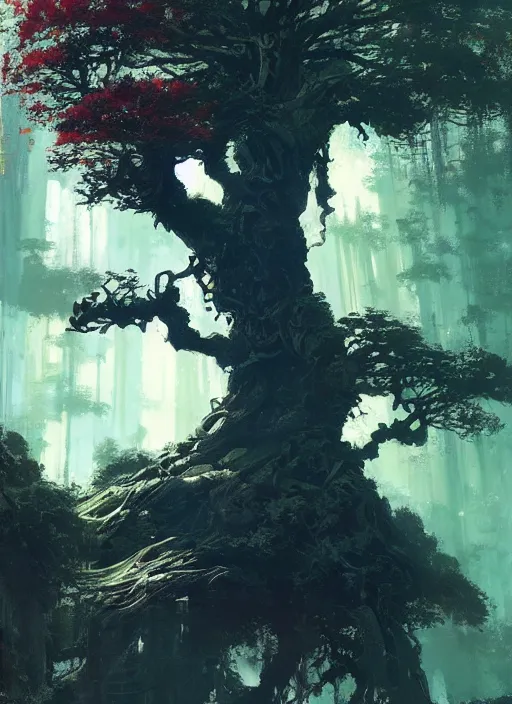 Image similar to giant tree, intricate, elegant, highly detailed, vivid colors, john park, frazetta, sparth, ruan jia, jeffrey catherine jones