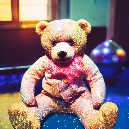 Prompt: a teddy bear made out of glitter and stardust, ultra detailed, cinestill 8 0 0