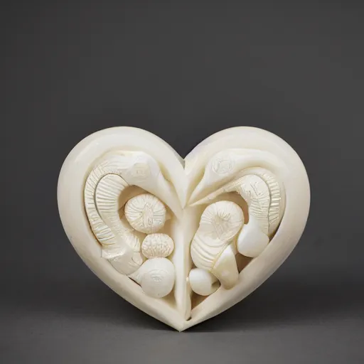 Prompt: bio mechanical heart carved out of ivory, canon 5 d 5 0 mm lens