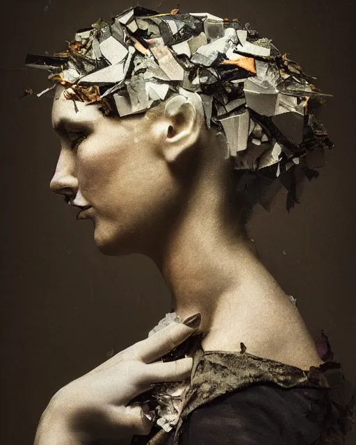 Image similar to a woman's face in profile, made of broken floral shards, in the style of the Dutch masters and Gregory Crewdson, dark and moody