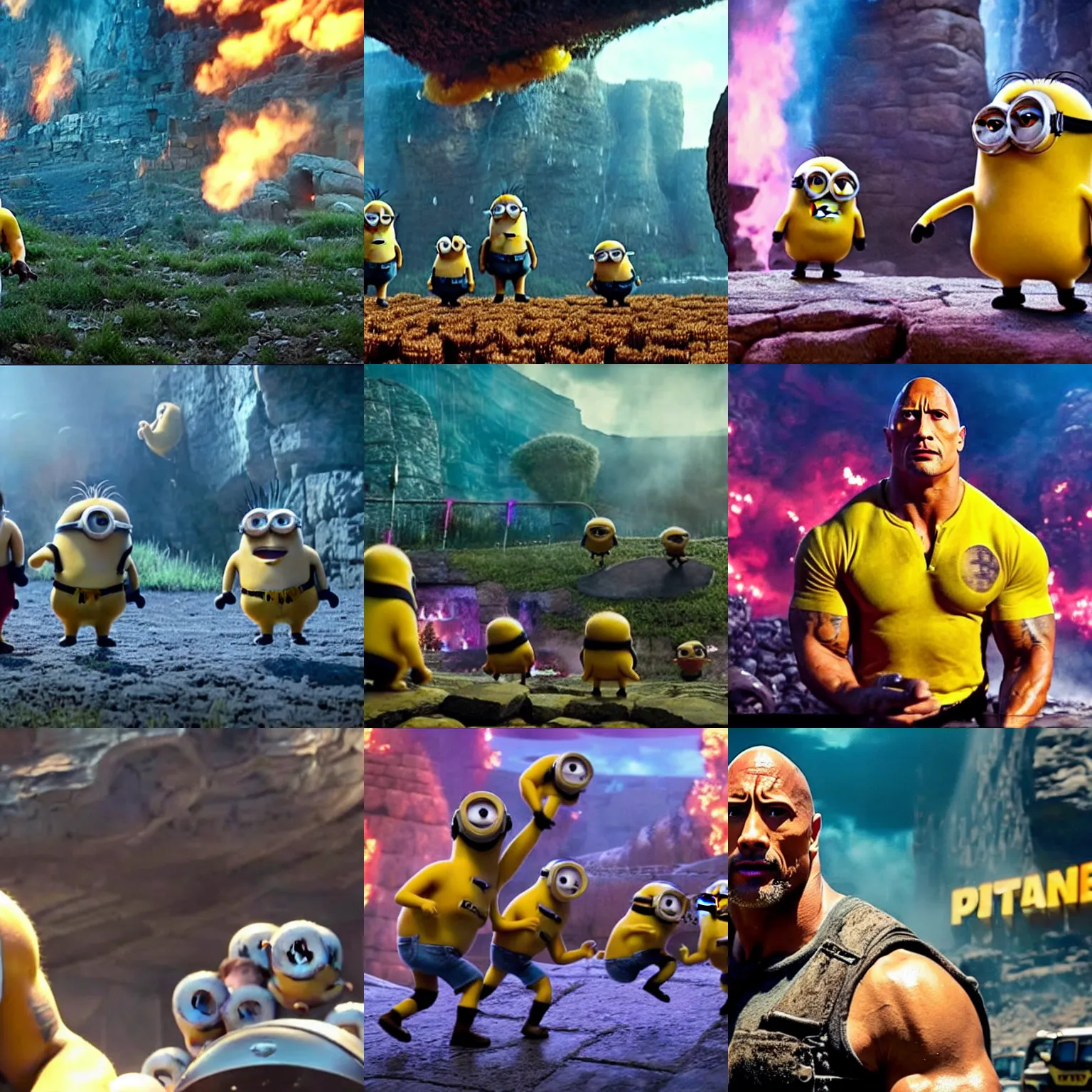 Prompt: dwayne johnson in minions movie, cinematic establishing shot, magical colours and atmosphere, perfect coherent composition