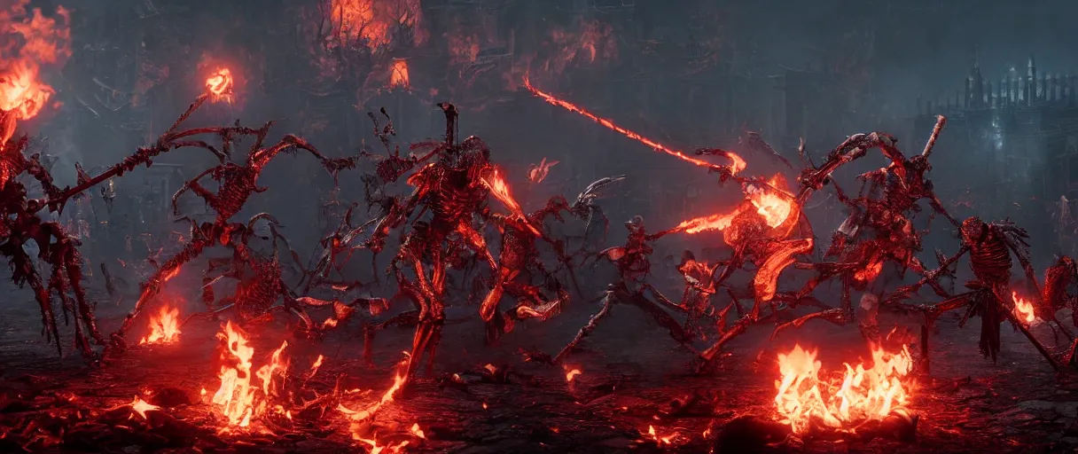 Image similar to a group of flaming skeleton warriors in the aftermath of a battle, bloodborne, cinematic, unreal engine, artstation, 8k
