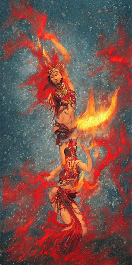 Prompt: shaman dancing under a rain of fire and ruby, art by Hirano Miho and Kotak Bella and Kawase Hasui and Keene Lisa, Trending on artstation