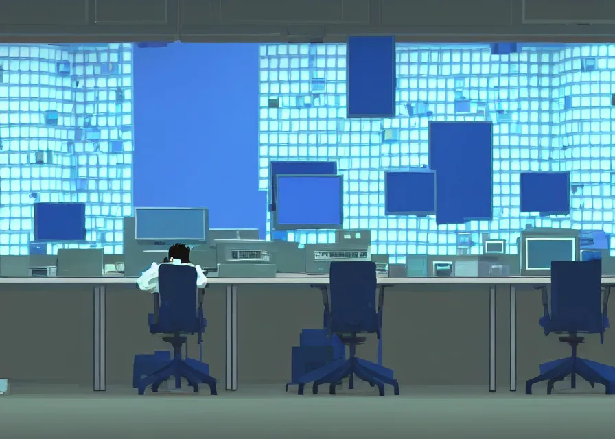 Prompt: an interior room with old pc computers with blue screens stacked on the walls and someone sitting at a desk, makoto shinkai, dusty