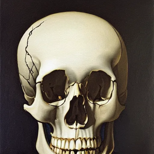 Image similar to a painting of a human skull with diamonds for eyes nestled on a bed of white lilies, dark shadowy background, in the style of a still life painting by francisco de zurbaran