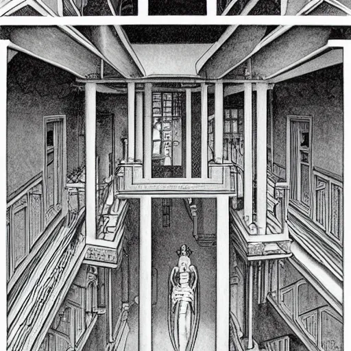 Image similar to a flood of slime in a bright white hallway with many doors and many stairs, Mc Escher architecture, epic composition, by Junji Ito