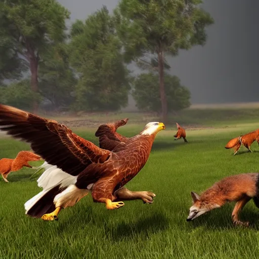 Image similar to Four eagles chasing a fox in a park, photorealistic, unreal engine