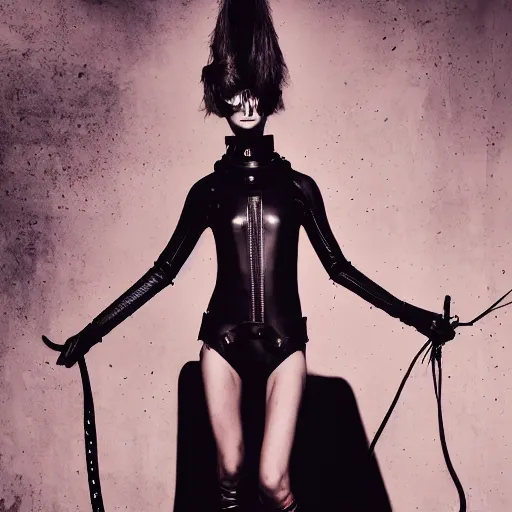 Image similar to fashion photography of an extraterrestrial model, holding a leather whip, wearing demobaza fashion, inside berghain, berlin fashion, harness, futuristic fashion, dark minimal outfit, photo 3 5 mm leica, hyperdetail, berghain, 8 k, very detailed, photo by nick knight