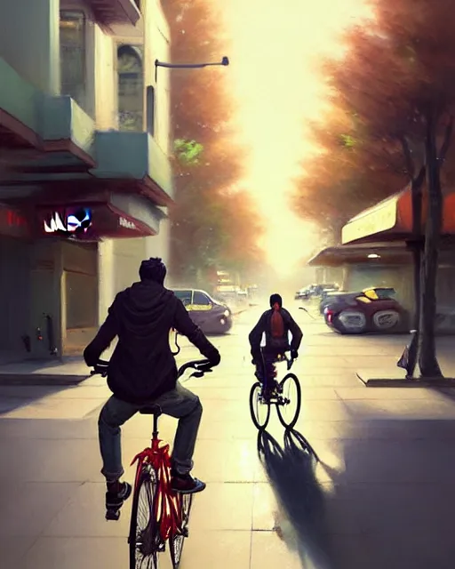 Image similar to a ultradetailed painting of a uber eats food delivery guy on a bicycle, greg rutkowski and makoto shinkai trending on artstation