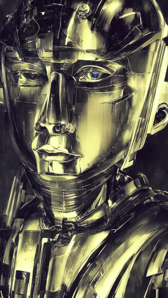 Image similar to a portrait of cyber - dog of sci fi metallic human by yoji shinkawa bright eyes, melancholic complex geometric figure liminal machinery by oskar schlemmer, moebius, john berkey, film grain, oil on canvas, portrait facial head, featured on artstation, hd wallpaper, 8 k