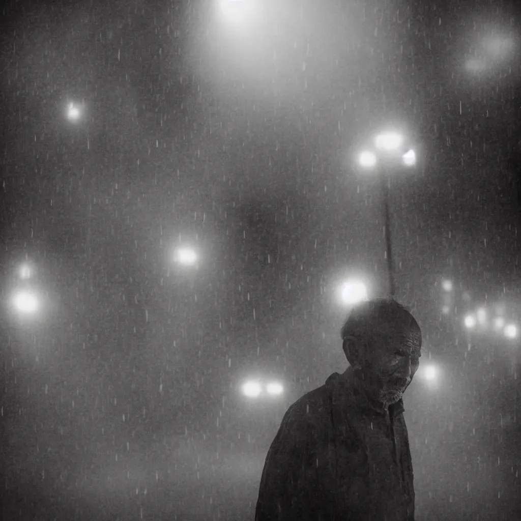 Prompt: Monochrome portrait of an intense old Nepali man on a rainy misty Kathmandu street at night, the only light source are bright overhead street lights, close-up, motion blur, grainy Tri-x pushed to 3200, 24mm tilt-shift, water drops on the lens, holga