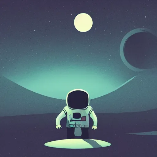 Image similar to a lonely astronaut sitting on vacant planet in the style of flooko, acrylic art, ambient lighting, neon, vector art, detailed, bleak, gloomy, dismal, sad, pale, tired, somber, art, moonlight,