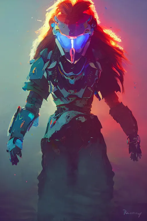 Image similar to combination suit armor aloy horizon forbidden west horizon zero dawn radiating a glowing aura global illumination ray tracing hdr fanart arstation by ian pesty and alena aenami artworks in 4 k tribal robot ninja mask helmet backpack