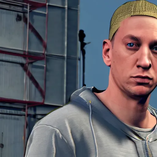 Image similar to Screenshot of Eminem in the game GTA V, highly detailed