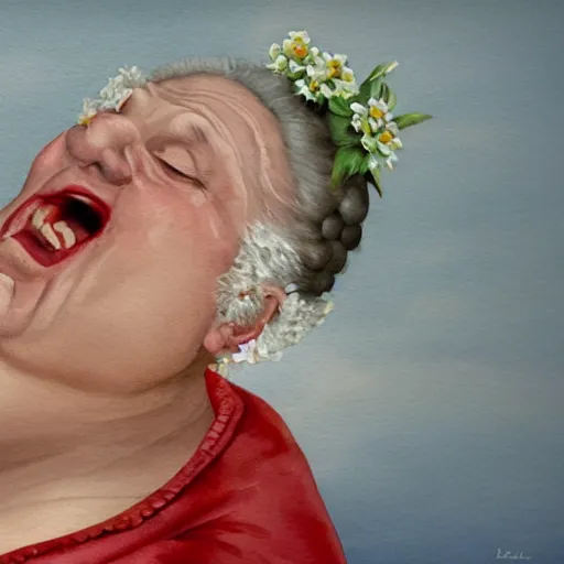 Prompt: a very funny stylize oil painting in renaissance style of a sweet fat old woman kissing her reflection. symmetry face, red mouth, blue eyes. flowery dress. hyper realistic scene. 3 d, octane render, deep focus, white scene. very funny and sweet image. unreal engine. watercolor. fellini style. klee style.