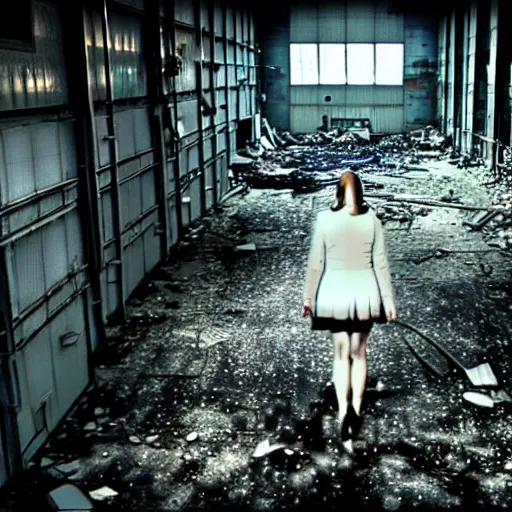 Prompt: runaway replicant standing in a dirty abandoned factory, still from closed circuit tv footage, high angle