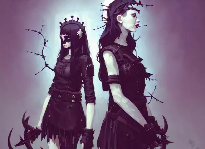 Prompt: portrait of two cute goth maiden girls with crown of thorns and white short hairs, dressed in leather belts, warhammer, cyberpunk, by atey ghailan, by greg rutkowski, by greg tocchini, by james gilleard, by joe gb fenton, by kaethe butcher, dynamic lighting, gradient light blue, brown, blonde cream and white color in scheme, grunge aesthetic