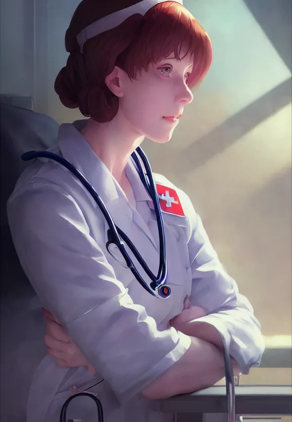 Image similar to a portrait of a tired female nurse in world war 2, 1 9 4 0 setting, vivid colors, soft lighting, atmospheric, cinematic, moody, in the style of ilya kuvshinov and range murata, krenz cushart, rule of thirds, oil on canvas, 8 k