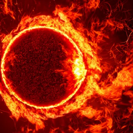 Image similar to red hot burning sphere embedded in fireball explosion with fire, 4 k