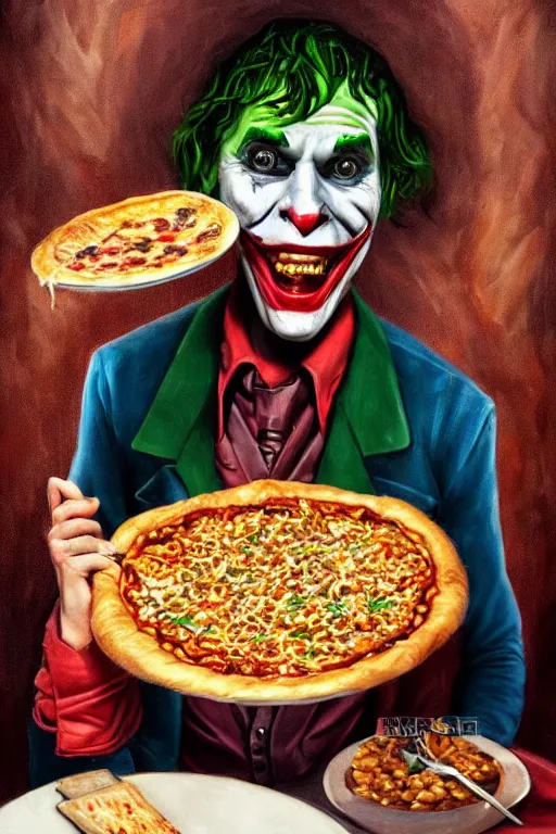 Image similar to a full body high detail fantasy portrait oil painting illustration of the joker eating baked beans and pizza by justin sweet with face and body clearly visible, in a scenic background, pretty eyes, realistic proportions, d & d, rpg, forgotten realms, artstation trending, high quality, sombre mood, artstation trending, muted colours, entire person visible!