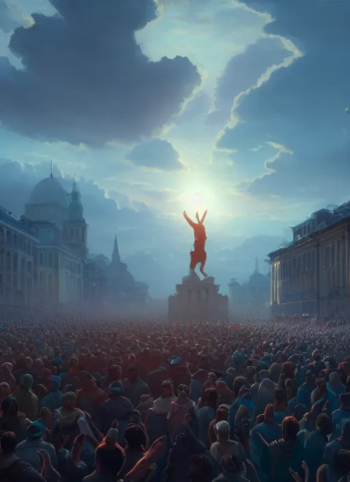 Image similar to painting of a crowd with raised arms pointing towardб demonstration, cinematic view, epic sky, detailed, concept art, low angle, high detail, warm lighting, volumetric, godrays, vivid, beautiful, trending on artstation, by jordan grimmer, huge scene, art greg rutkowski