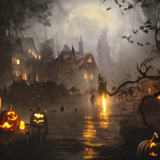 Prompt: halloween celebration, volumetric lighting, 8 k octane beautifully detailed render, post - processing, extremely hyper - detailed, intricate, epic composition, cinematic lighting, masterpiece, trending on artstation, detailed detailed detailed, masterpiece, stunning art by anders zorn, wonderful masterpiece by greg rutkowski, beautiful cinematic light,