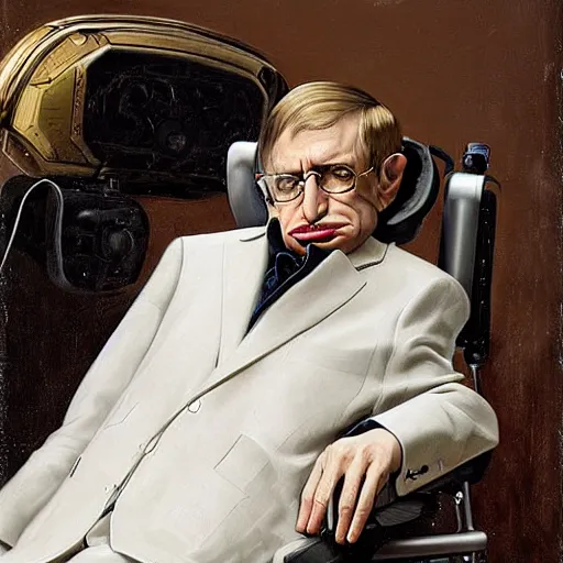 Image similar to stephen hawking in an exoskeleton suit, sci - fi painting by pieter claesz and james c. christensen