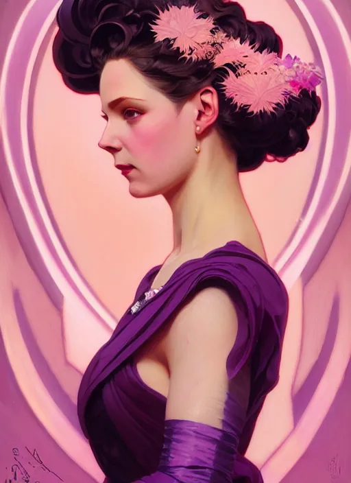 Prompt: leyendecker, brom, lovely regal queen, portrait, updo of black and pink ombre hair, crown, flowerpunk, crystal coated violet flowers, by greg rutkowski, anato finnstark, alphonse mucha, global illumination, radiant light