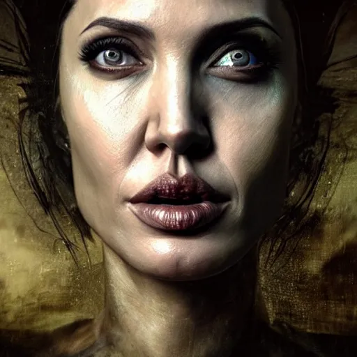 Prompt: Very very very very highly detailed epic central composition photo of Angelina Jolie face, intricate, dystopian, sci-fi, extremely detailed, digital painting, smooth, sharp focus, illustration, intimidating lighting, incredible art by Brooke Shaden, artstation, concept art, Octane render in Maya and Houdini