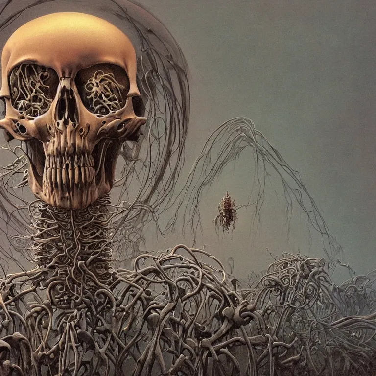 Image similar to organic cyborg alien skeleton alien centipede planet face style of zdzislaw beksinski surrealism poster art album cover contrast skull eyeballs simple background