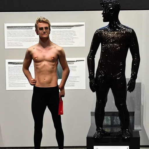 Image similar to “a realistic detailed photo of a guy who is an attractive humanoid who is half robot and half humanoid, who is a male android, British diver Jack Laugher & Chris Mears, shiny skin, posing like a statue, blank stare, at the museum, on display”