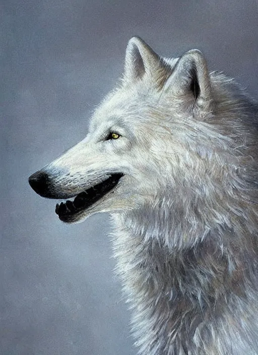 Image similar to a realistic white wolf head seen from the side, fantasy art, art by collin bogle