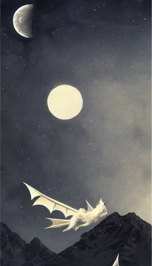 Image similar to a white bat, flying against a dark black night sky, mountain in the background, moonlight, denoised, very detailed, painted by, norman rockwell, tom bagshaw