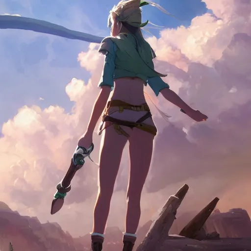 Image similar to a full body portrait of a woman emerald herald explorer exploring lost ruins, sun lighting, water, finely detailed features, perfect art, at an ancient city, gapmoe yandere grimdark, trending on pixiv fanbox, painted by greg rutkowski makoto shinkai takashi takeuchi studio ghibli,, akihiko yoshida