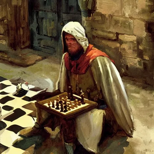 Image similar to portrait of man in medieval clothes playing chess, detailed by greg manchess, craig mullins, bernie fuchs, walter everett