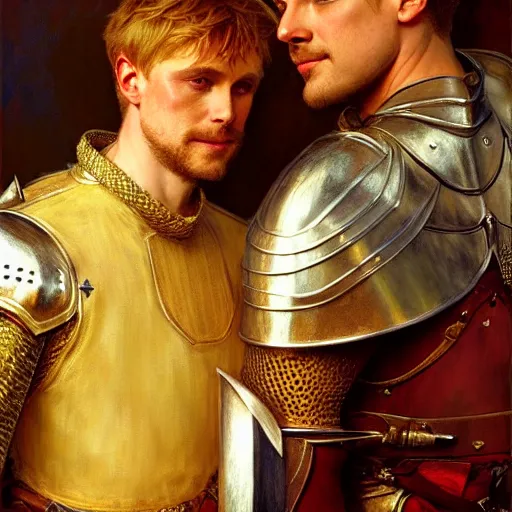 Image similar to attractive arthur pendragon and his attractive male knight, they are in love, natural lighting, path traced, highly detailed, high quality, digital painting, by gaston bussiere, craig mullins, alphonse mucha j. c. leyendecker